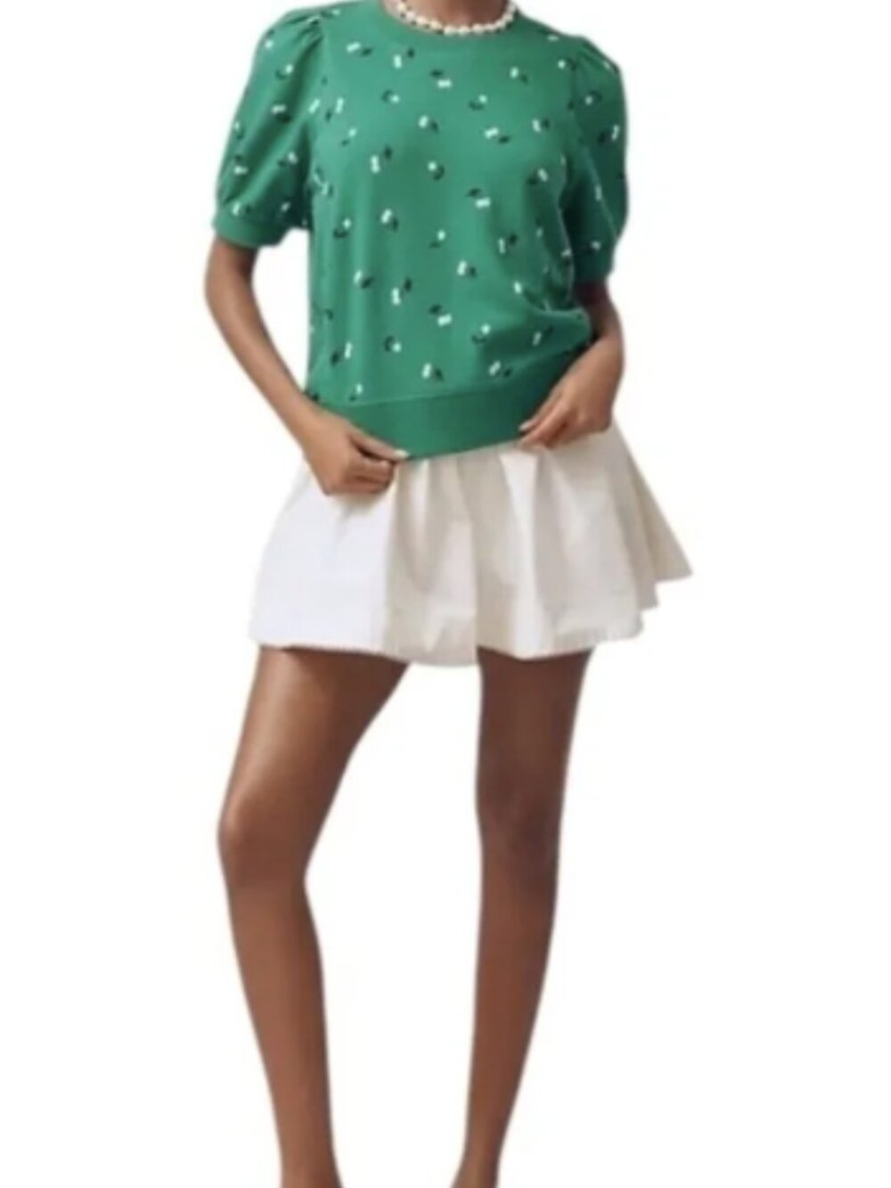 Anthropologie Maeve Puff-Sleeve Sweatshirt Tee Size M Green Cherry NWoT - Picture 3 of 4